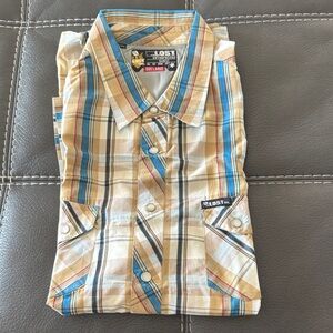 LOST Men's Blue and Tan Plaid Button Down Shirt - Rare Find vintage late 90’s